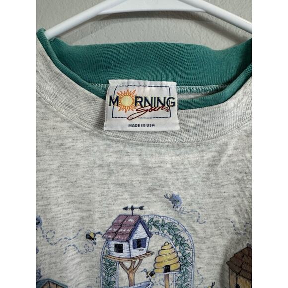 Vintage Morning Sun Grandma Cottage Bee Birdhouses Floral T Shirt Large Gray‎ - Picture 5 of 5